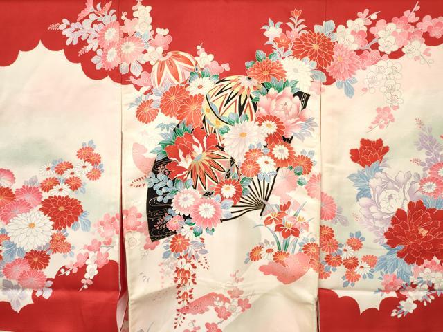 平和屋着物[]お宮参り　女の子　祝着　産着　初着　のしめ　扇面鞠花文　暈し染め　金彩　逸品　未使用　DABA3914ma