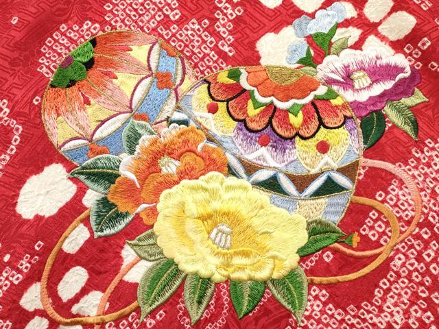 平和屋着物[]お宮参り　女の子　祝着　産着　初着　のしめ　刺繍　絞り　鞠花文　金糸　逸品　DABA3919ma_3