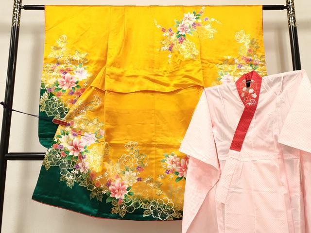 平和屋着物[]七五三　女の子　７歳　祝着　四つ身　襦袢(単衣・半衿刺繍)セット　草花文　暈し染め　金彩　DABA3973ma 9,750円