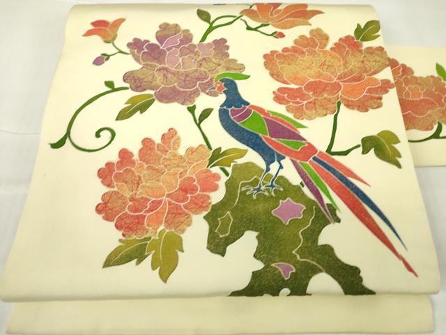 平和屋着物●塩瀬　九寸名古屋帯　牡丹花鳥文　金彩　正絹　逸品　DABA4213az 平和屋着物○塩瀬 九寸名古屋帯 牡丹花鳥文 金彩 正絹 逸品 DABA4213az