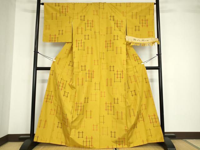 平和屋着物●黄八丈　井桁絣　反端付き 　正絹　逸品　未使用　DABA4388az_1