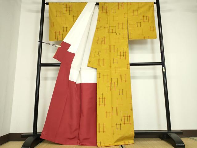 平和屋着物●黄八丈　井桁絣　反端付き 　正絹　逸品　未使用　DABA4388az_2