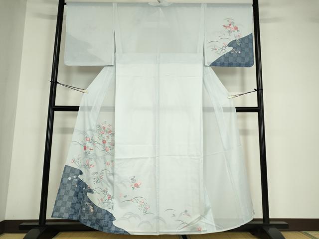 平和屋着物＊夏物　訪問着　絽　舞蝶花文　銀彩　洗える着物　DABA4530az