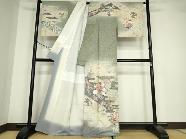 平和屋着物○訪問着 本場大島紬 霞花丸文 金銀彩 正絹 逸品 DABA4644az