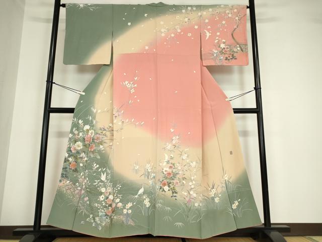平和屋着物●十日町友禅作家　松雨　訪問着　立鶴枝花文　暈し染め　金彩　正絹　逸品　DABA4649az
