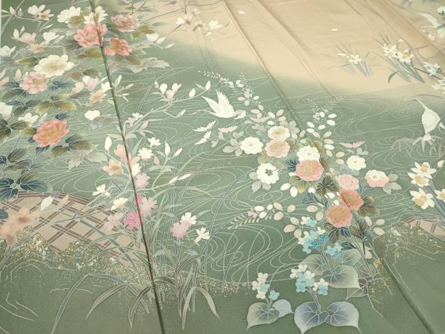 平和屋着物●十日町友禅作家　松雨　訪問着　立鶴枝花文　暈し染め　金彩　正絹　逸品　DABA4649az 平和屋着物○十日町友禅作家 松雨 訪問着 立鶴枝花文 暈