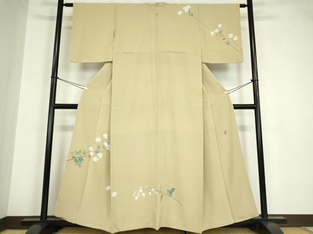 平和屋着物●京加賀糸目友禅作家　山崎巌　訪問着　枝花文　正絹　逸品　DABA4822az 平和屋着物▽京加賀糸目友禅作家 山崎巌 訪問着 単衣 手描き 草花文