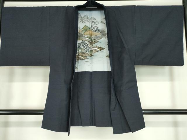 平和屋着物○男性 紬 アンサンブル 濃藍色 正絹 逸品 DABA4836az
