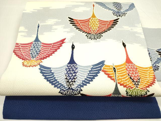 平和屋着物●九寸名古屋帯　型染　飛鶴文　鬼しぼ縮緬　正絹　逸品　DABA6016op