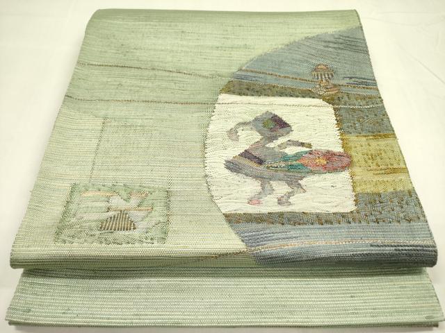 平和屋着物●太鼓柄袋帯　紬地　すくい織　風景鳥文　金糸　正絹　逸品　DABA6024op