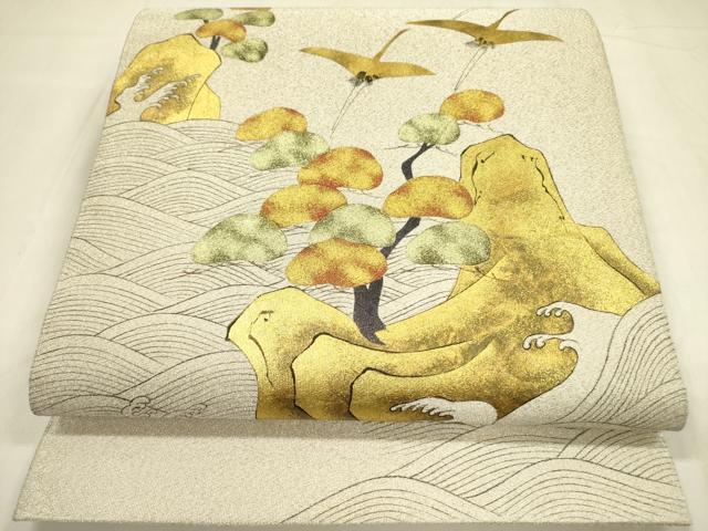 平和屋着物●琳派乃世界　灘昆年　綴れ　太鼓柄袋帯　風景飛鶴松文　金彩　正絹　逸品　DABA6044op