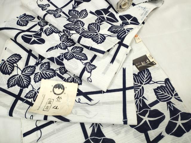 平和屋着物∴夏物　竺仙　浴衣　反物　着尺　綿絽　朝顔　アサガオ　証紙付き　綿　逸品　未使用　DABA7045zzz