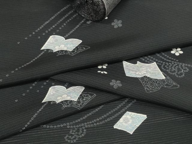 平和屋着物＊夏物　小紋　反物　着尺　絽　冊子花文　黒地　逸品　未使用　DABA7094zzz