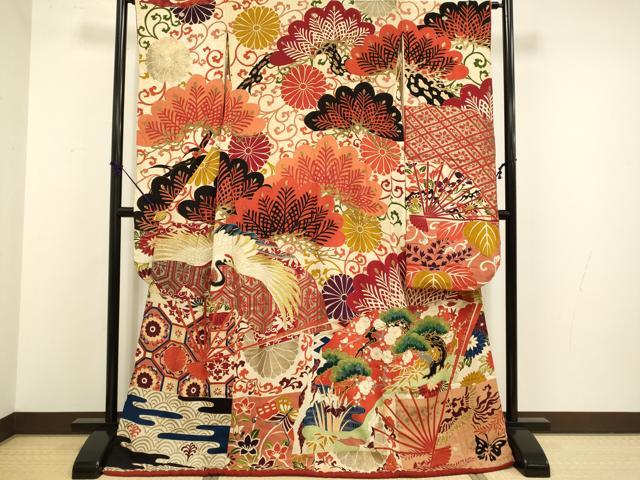 平和屋着物○アンティーク 大正ロマン 振袖 刺繍 扇面飛鶴花松文 金彩 