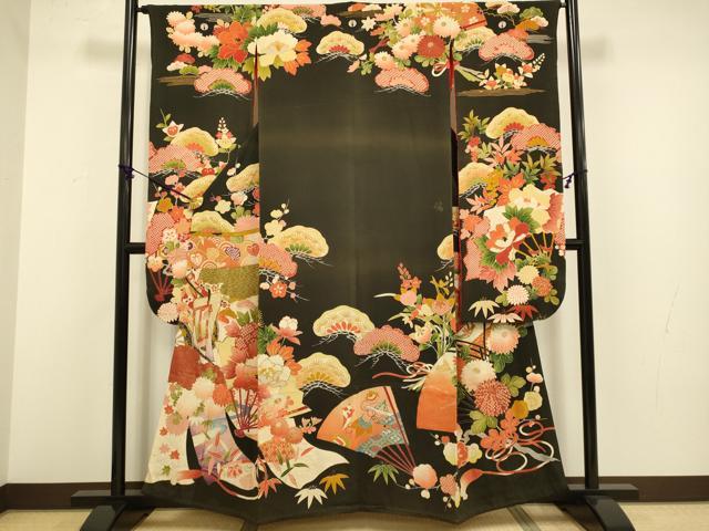 平和屋着物●アンティーク　大正ロマン　振袖　駒刺繍　御所車花文　黒地　金彩　正絹　逸品　DABA8984du 平和屋着物○アンティーク 大正ロマン 振袖 駒刺繍 御所車花文 黒地