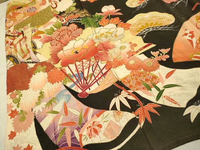 平和屋着物○アンティーク 大正ロマン 振袖 駒刺繍 御所車花文 黒地