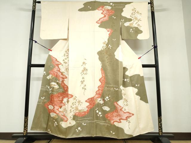 平和屋着物●訪問着　絞り　刺繍　地紙草花文　金銀彩　正絹　逸品　DABB0108ud