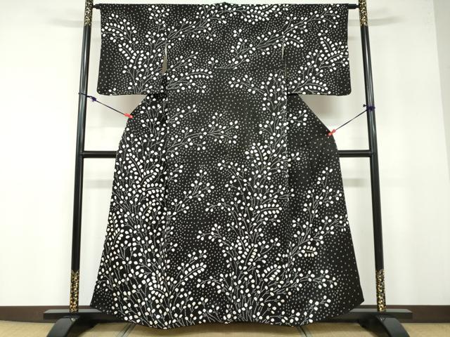 平和屋着物●訪問着　絞り　枝葉文　黒地　正絹　逸品　DABB0287ud