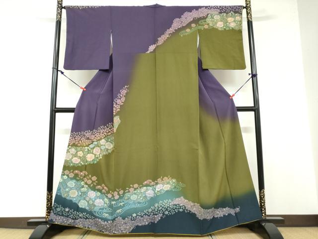 平和屋着物●訪問着　絞り　流水辻が花　暈し染め　金彩　正絹　逸品　DABB0314ud