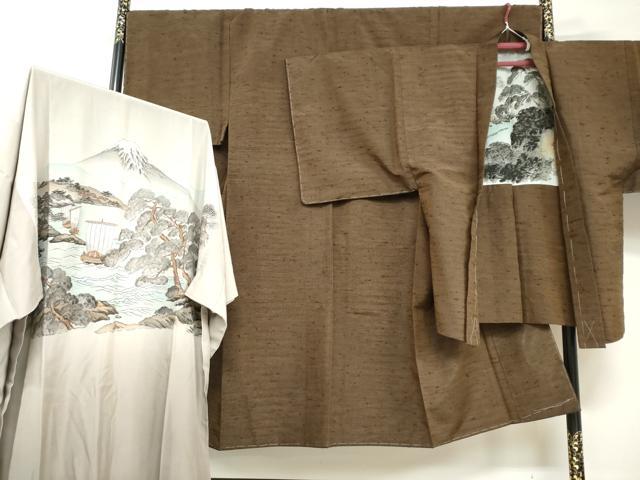 平和屋着物●男性　紬　アンサンブル　長襦袢（無双仕立て）セット　霞文　正絹　逸品　未使用　DABB0329ud