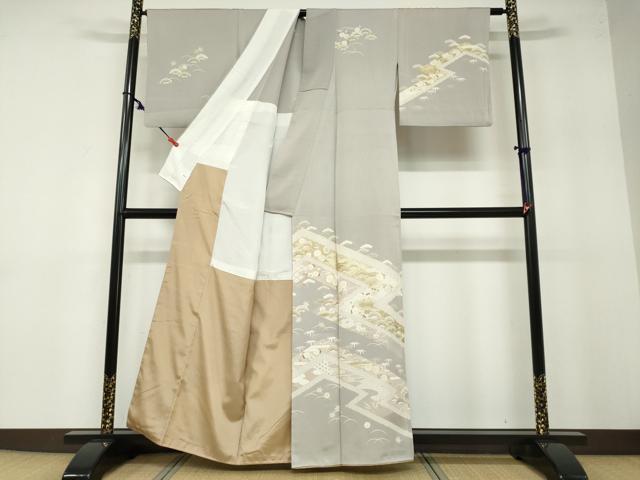 平和屋着物●訪問着　駒刺繍　草花文　金彩　背抜き仕立て　正絹　逸品　DABB0342ud_1