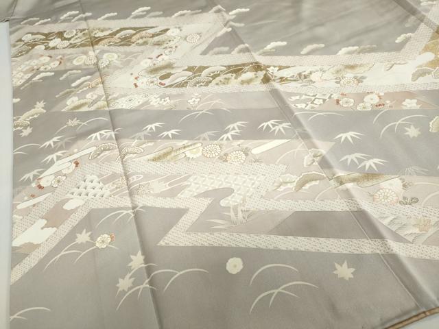 平和屋着物●訪問着　駒刺繍　草花文　金彩　背抜き仕立て　正絹　逸品　DABB0342ud_4