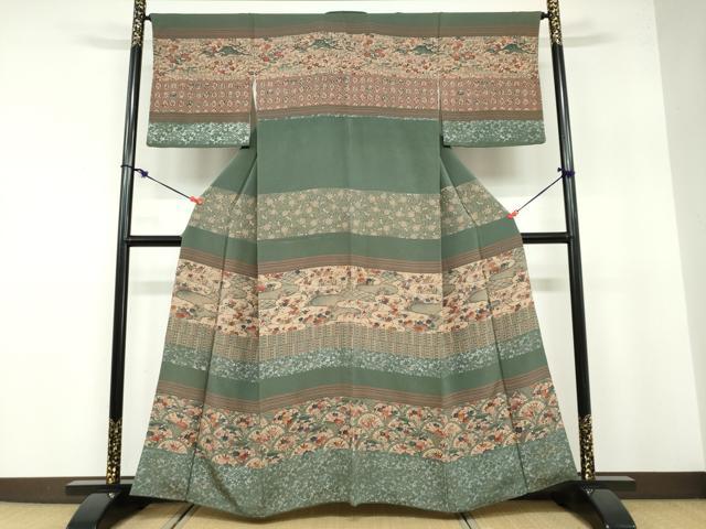 平和屋着物●訪問着　型染め　横段流水草花文　鬼しぼ縮緬　正絹　逸品　DABB0571ud