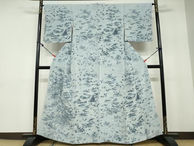 平和屋着物●訪問着　流水風景草花文　鬼しぼ縮緬　正絹　逸品　DABB0579ud
