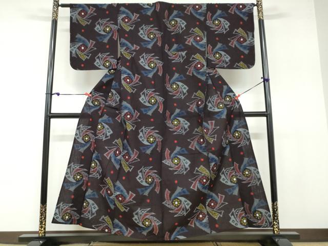 平和屋着物●久留米絣　単衣　熨斗草花文　綿　逸品　DABB0610ud_1