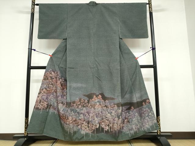平和屋着物○訪問着 作家物 紬地 ろうけつ染め 樹林文 正絹 逸品 