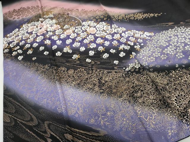 平和屋着物●ブライダルファッションデザイナー・桂由美　黒留袖　刺繍　地紙流水草花文　暈し染め　金銀彩　正絹　逸品　DABB0754ud 平和屋着物○ブライダルファッションデザイナー・桂由美 黒留袖 刺繍