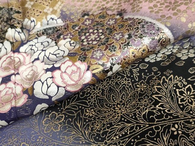 平和屋着物●ブライダルファッションデザイナー・桂由美　黒留袖　刺繍　地紙流水草花文　暈し染め　金銀彩　正絹　逸品　DABB0754ud 平和屋着物○ブライダルファッションデザイナー・桂由美 黒留袖 刺繍