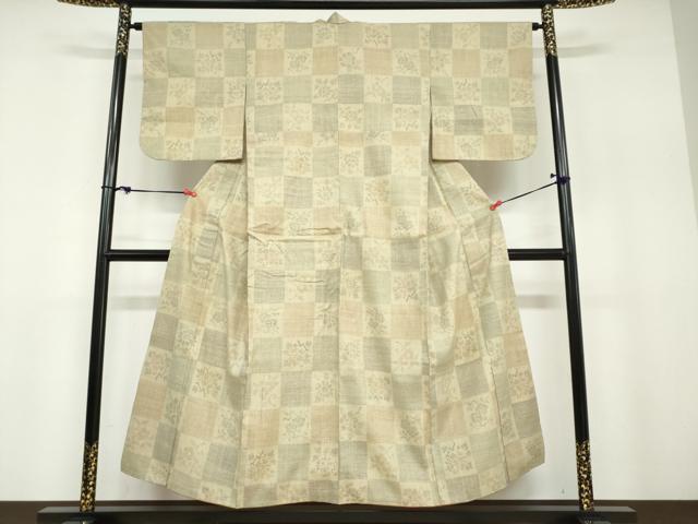 平和屋着物●本場結城紬　重要無形文化財　100亀甲　格子草花文　正絹　逸品　DABB0823ud_1