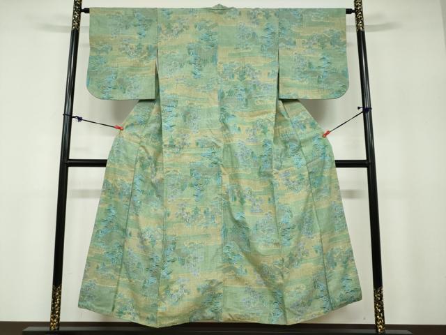 平和屋着物○本場結城紬 重要無形文化財 モロ入り 100亀甲 風景草花文