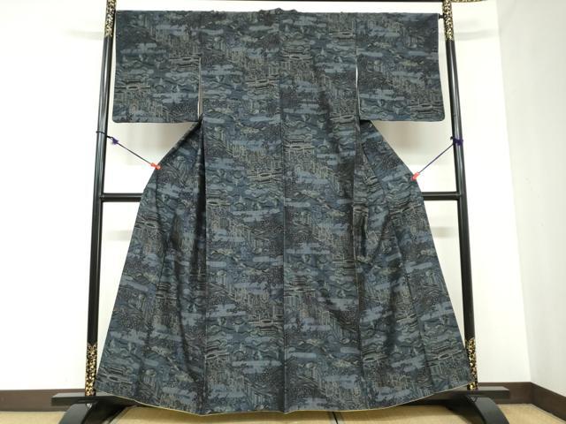 平和屋着物●小千谷紬　モロ入り　100亀甲　御所車風景文　健勝苑扱い　正絹　逸品　DABB0961ud