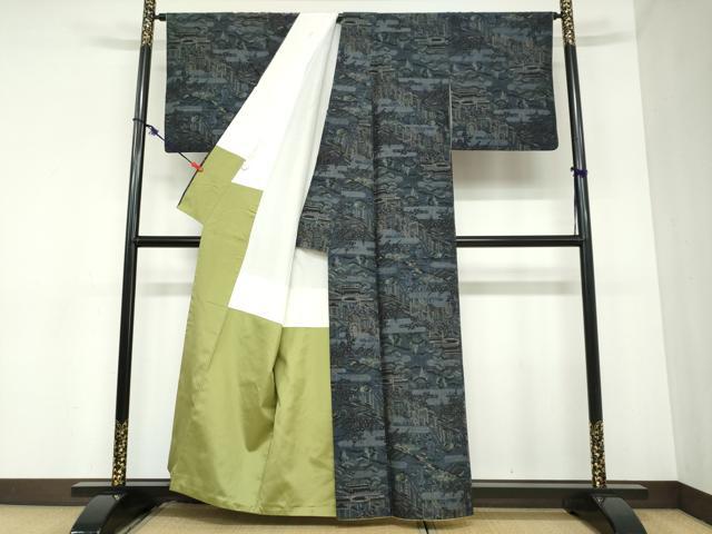 平和屋着物●小千谷紬　モロ入り　100亀甲　御所車風景文　健勝苑扱い　正絹　逸品　DABB0961ud