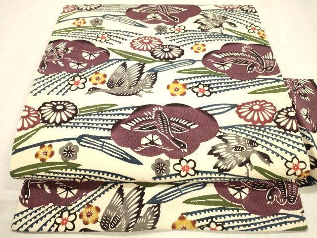 平和屋着物○九寸名古屋帯 京染紅型研究所 花鳥文 正絹 逸品 京染め正絹