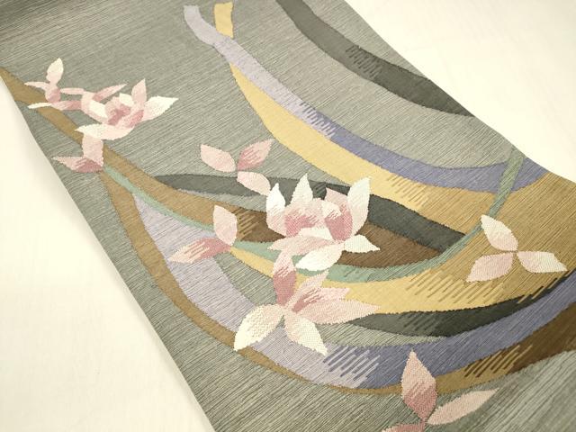 平和屋着物▽両面　六通柄袋帯　スリーシーズン　春夏秋　すくい織　枝花文　抽象文様　正絹　逸品　DABB3175cm_1