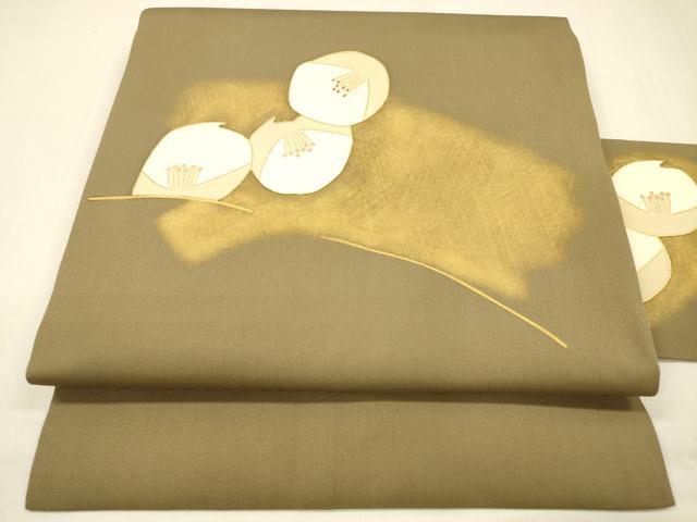 平和屋着物●塩瀬　九寸名古屋帯　駒刺繍　舞花文　朽葉色　金彩　正絹　逸品　DABB3195cm