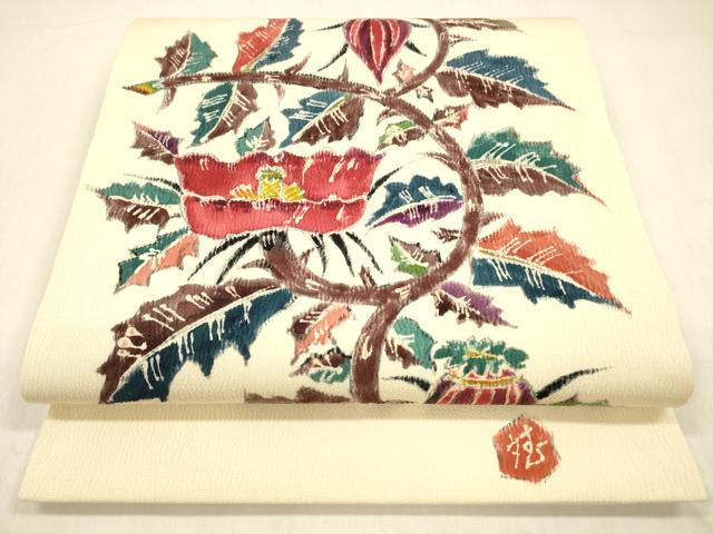 平和屋着物●九寸開き名古屋帯　作家物　手描き　更紗花文　正絹　逸品　DABB3208cm