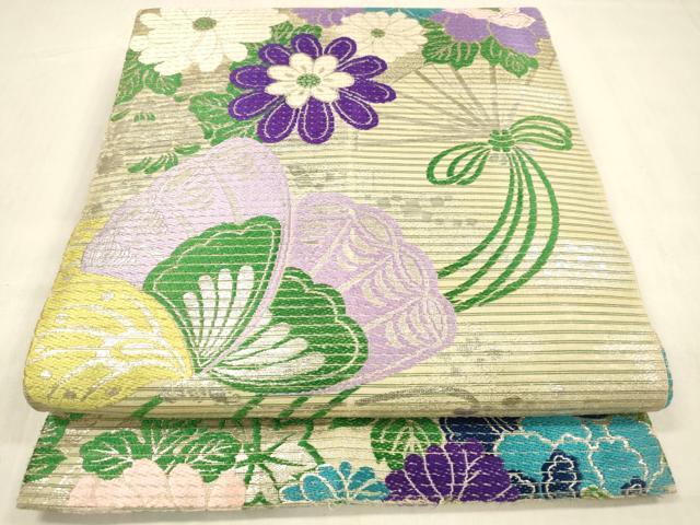 平和屋着物＊夏物　アンティーク　大正ロマン　丸帯　舞蝶扇面花文　銀糸　正絹　逸品　DABB3430cm
