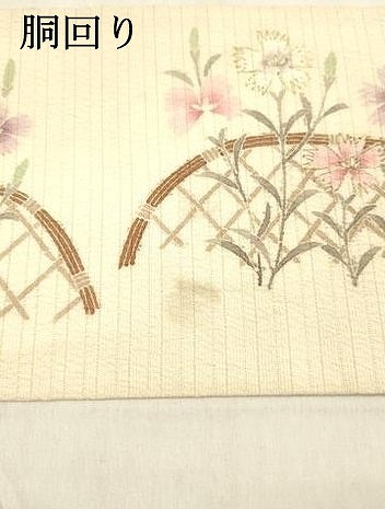 平和屋着物＊夏物　九寸名古屋帯　変わり絽縮緬　手描き　籬花文　金彩　正絹　逸品　DABB3452cm