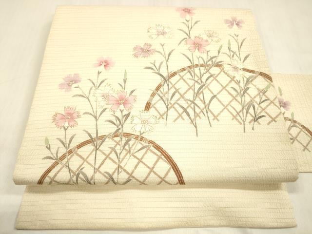平和屋着物＊夏物　九寸名古屋帯　変わり絽縮緬　手描き　籬花文　金彩　正絹　逸品　DABB3452cm