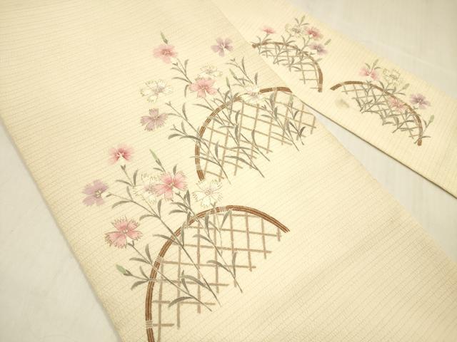 平和屋着物＊夏物　九寸名古屋帯　変わり絽縮緬　手描き　籬花文　金彩　正絹　逸品　DABB3452cm