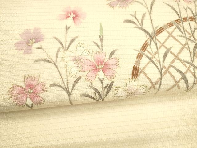 平和屋着物＊夏物　九寸名古屋帯　変わり絽縮緬　手描き　籬花文　金彩　正絹　逸品　DABB3452cm