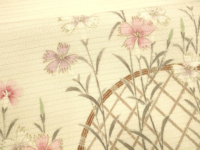 平和屋着物＊夏物　九寸名古屋帯　変わり絽縮緬　手描き　籬花文　金彩　正絹　逸品　DABB3452cm