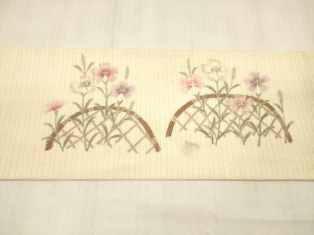 平和屋着物＊夏物　九寸名古屋帯　変わり絽縮緬　手描き　籬花文　金彩　正絹　逸品　DABB3452cm