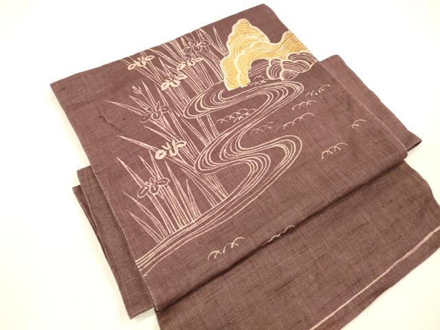 平和屋着物＊夏物　つけ帯　ろうけつ染め　作家物　流水杜若　麻　逸品　DABB3469cm 平和屋着物＊夏物 つけ帯 ろうけつ染め 作家物 流水杜若 麻 逸品