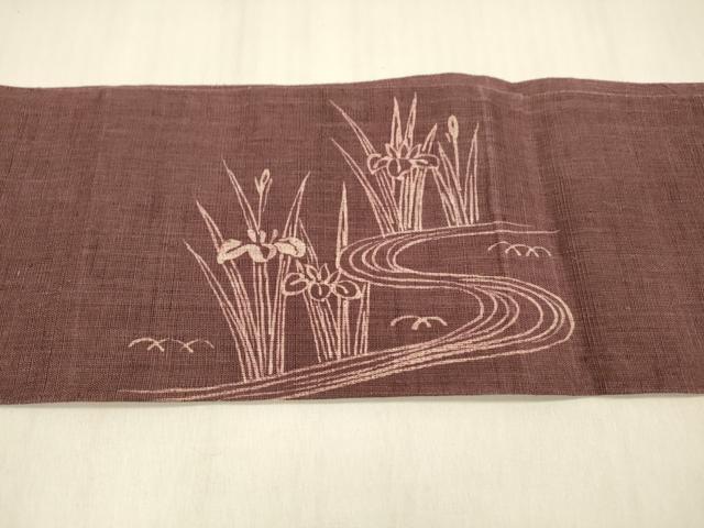 平和屋着物＊夏物　つけ帯　ろうけつ染め　作家物　流水杜若　麻　逸品　DABB3469cm 平和屋着物＊夏物 つけ帯 ろうけつ染め 作家物 流水杜若 麻 逸品
