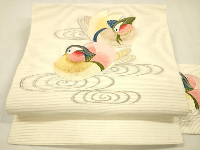 平和屋着物＊夏物　九寸名古屋帯　総刺繍　流水鴛鴦文　金銀糸　正絹　逸品　DABB3485cm 平和屋着物＊夏物 九寸名古屋帯 総刺繍 流水鴛鴦文 金銀糸 正絹 逸品